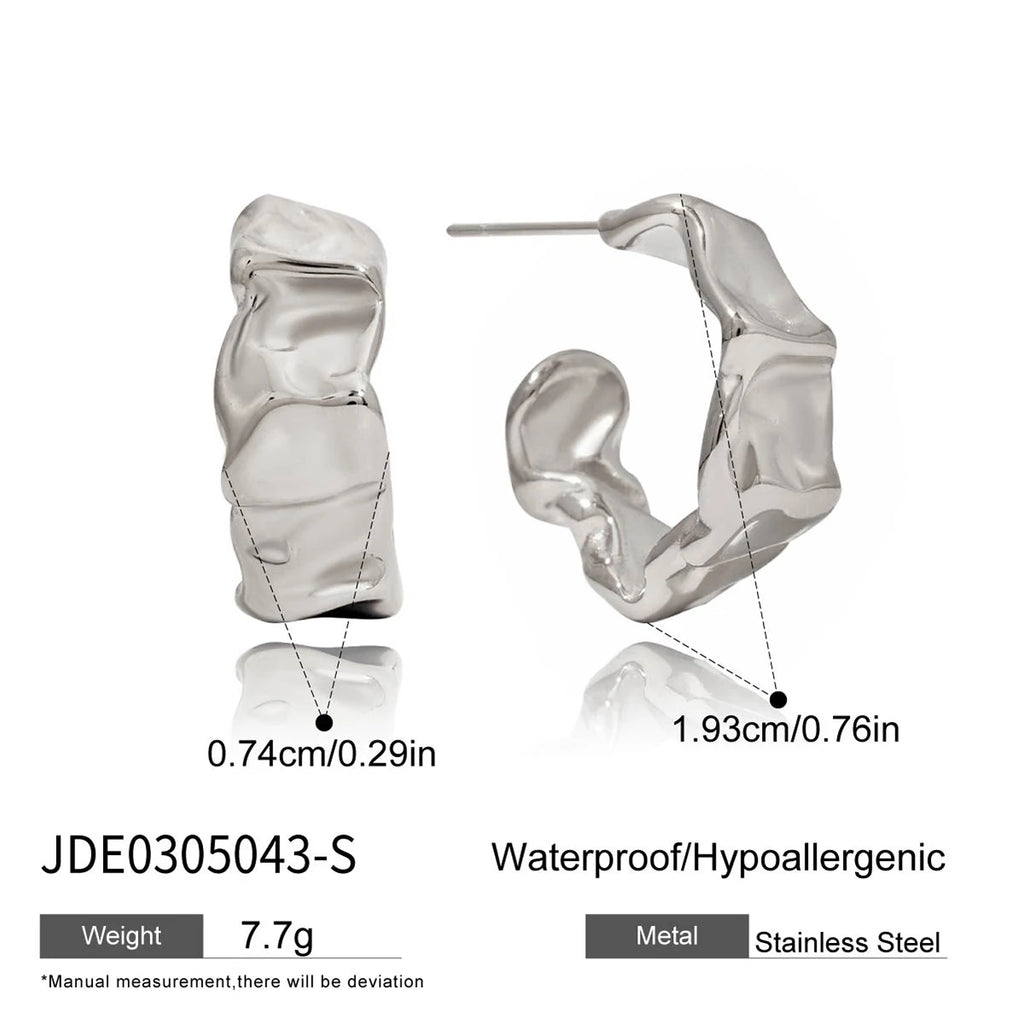 2025 Minimalist Classic 18K Gold Color Plated Wave Hammer Texture C-Shaped Earrings Hypoallergenic Stainless Steel Women Jewelry