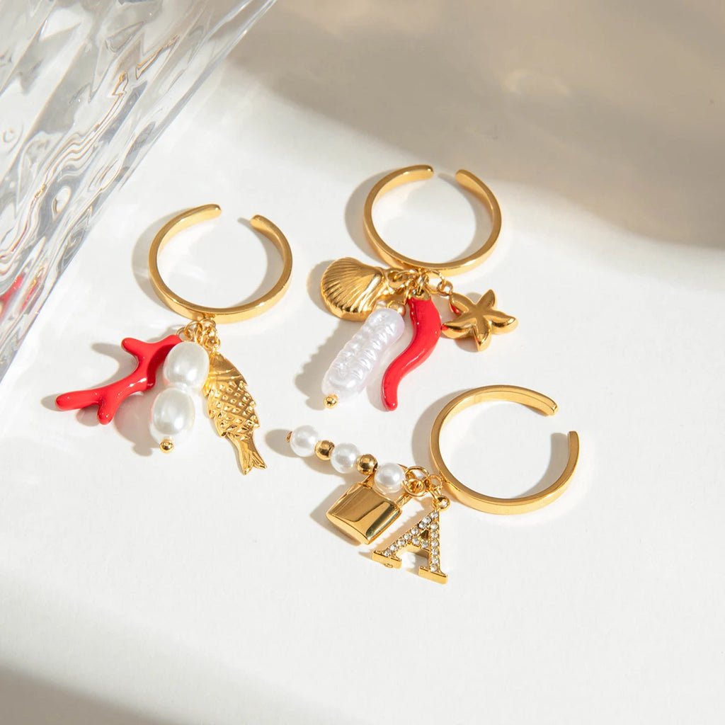 2025 Fashion Personality Girl's Pearl Heart Letter Multi-pendant Open Ring 18K Gold-plated Stainless Steel Waterproof Jewelry