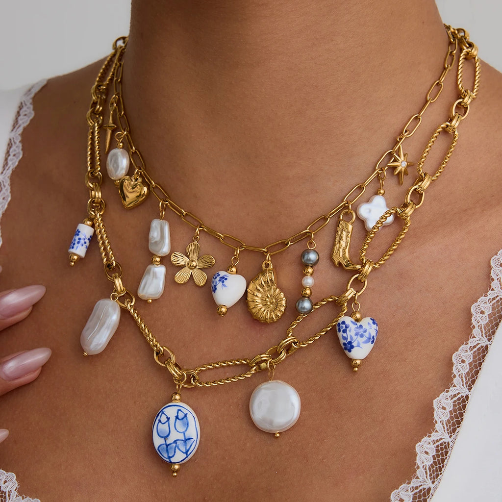 2025 Bohemian Style Multi-pendant Marine Element Shell Necklace 18K Gold-plated Stainless Steel Trend Jewelry can be Stacked