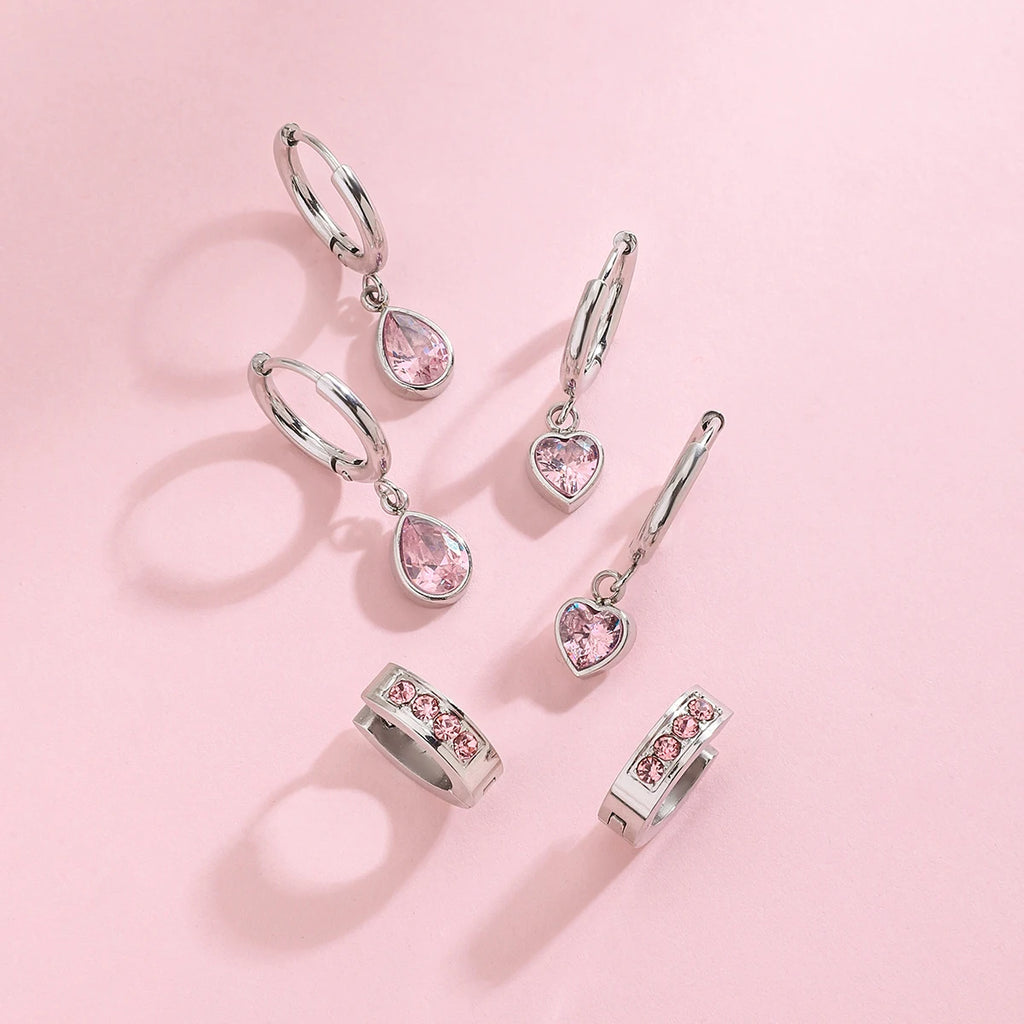 2025 Women's Cute Sweet Pink Zircon Stainless Steel Earrings Steel Color Can be Worn Daily or as a Gift