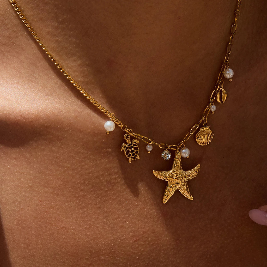 2025 Bohemian Style Multi-pendant Marine Element Shell Necklace 18K Gold-plated Stainless Steel Trend Jewelry can be Stacked