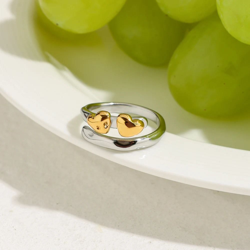 2025 Women's Minimalist Line Heart Open Ring 18K Gold-plated Stainless Steel Two-tone Waterproof Jewelry for Daily Vacation