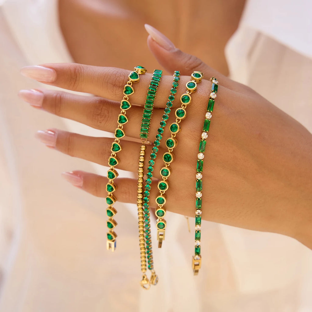 2025 Women's Fashion Trend Green Zircon Tennis Chain Bracelet 18K Gold-plated Stainless Steel All-match Jewelry for Daily Party