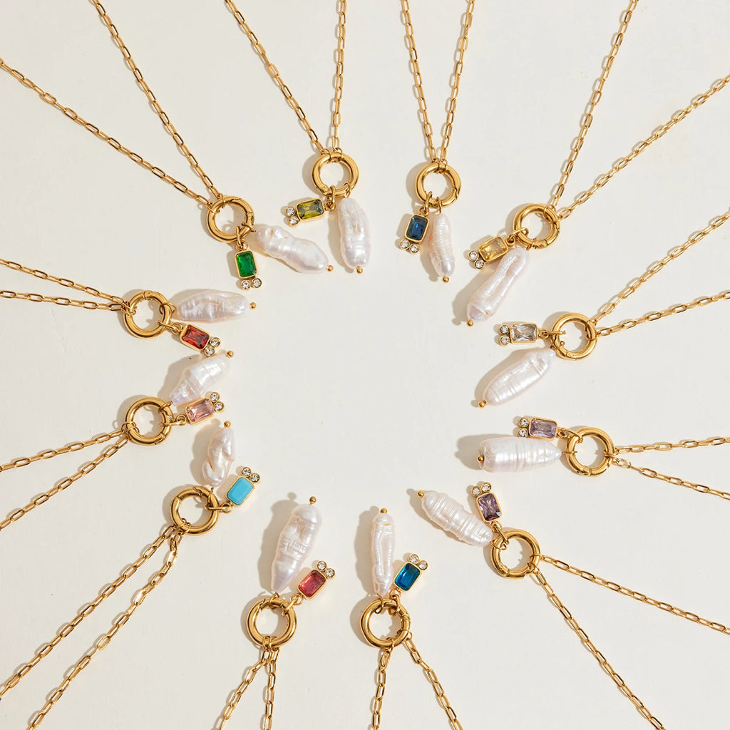 2025 Women's Simple DIY Freshwater Pearl Colored Zircon Pendant Necklace Birthstone 18K Gold-plated Stainless Steel Jewelry