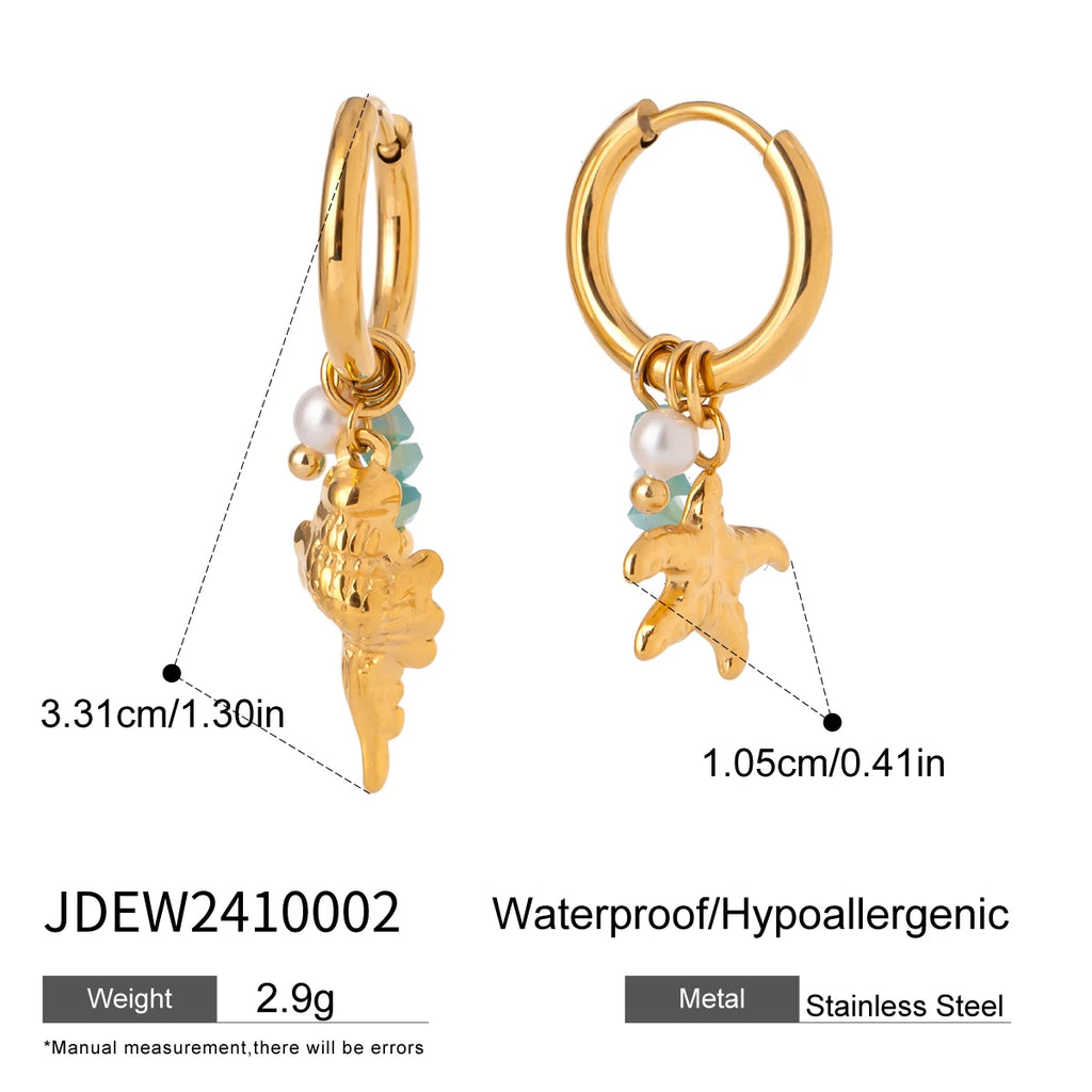 2025 Summer Holiday Hammer Pattern Starfish Conch Pendant Earrings 18K Gold-plated Stainless Steel AB Style Women's Jewelry