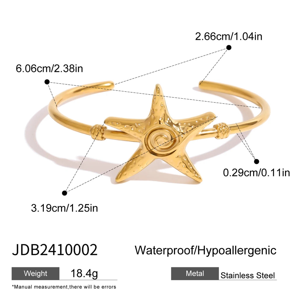 2025 Women's Holiday Style Ribbed Starfish Shell Design Open Bracelet 18K Gold Plated Stainless Steel Waterproof Jewelry