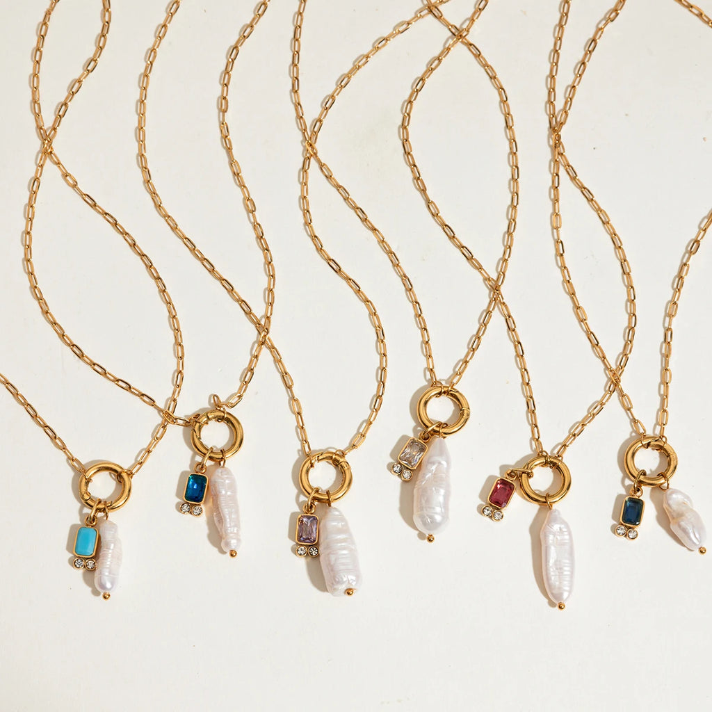 2025 Women's Simple DIY Freshwater Pearl Colored Zircon Pendant Necklace Birthstone 18K Gold-plated Stainless Steel Jewelry