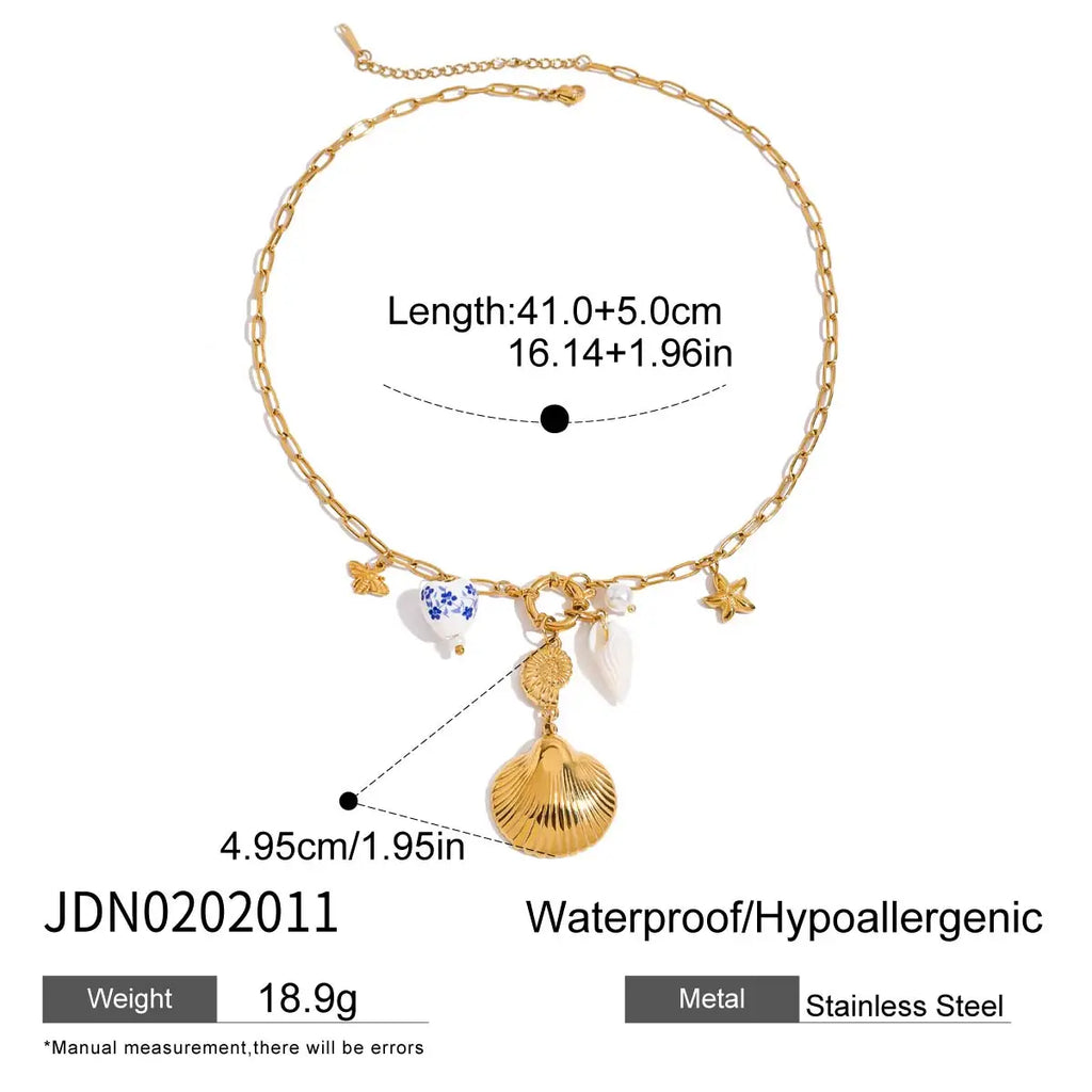 2025 Bohemian Style Multi-pendant Marine Element Shell Necklace 18K Gold-plated Stainless Steel Trend Jewelry can be Stacked