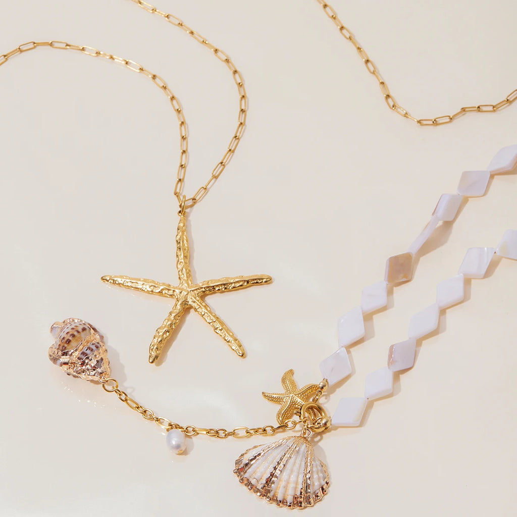 2025 Ocean Holiday Style Conch Shell Pendant Y Chain Necklace 18K Gold-plated Stainless Steel Lozenge Shell Necklace for Holiday