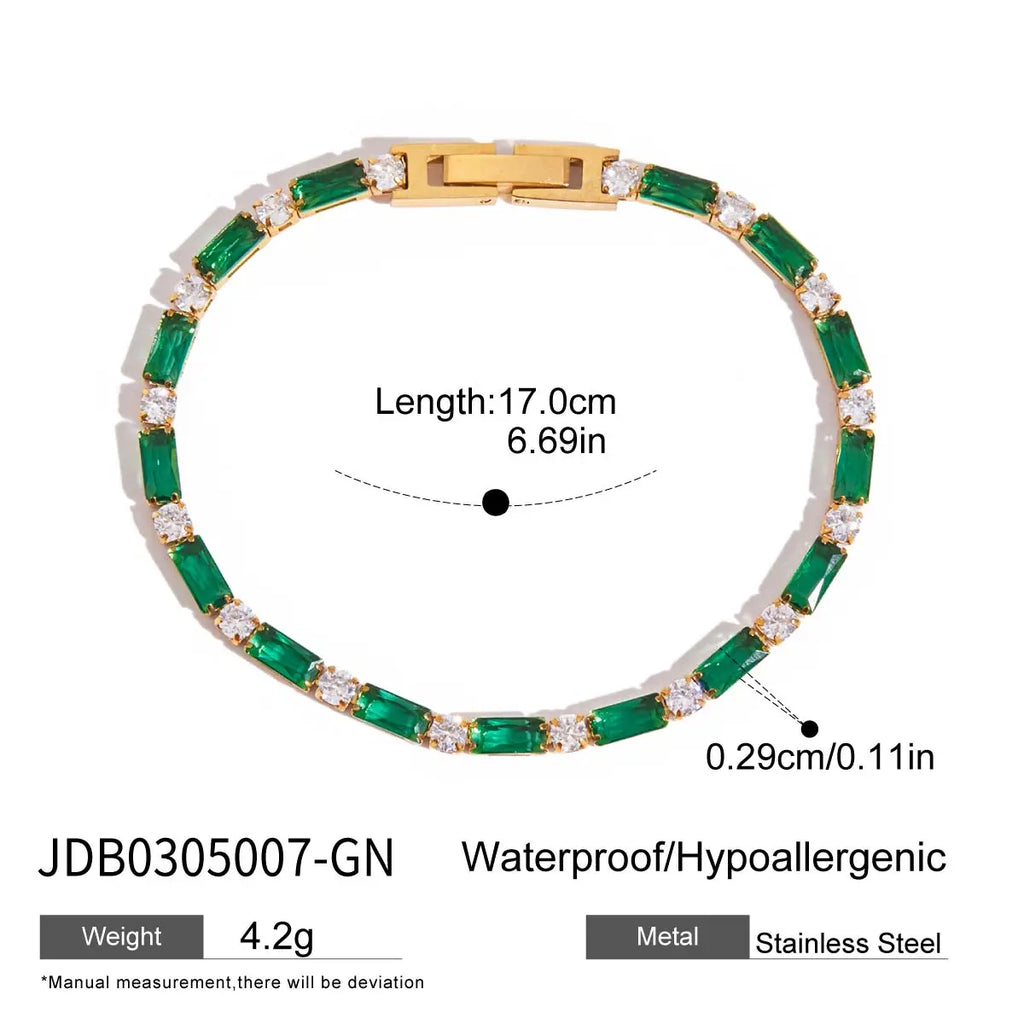 2025 Women's Fashion Trend Green Zircon Tennis Chain Bracelet 18K Gold-plated Stainless Steel All-match Jewelry for Daily Party