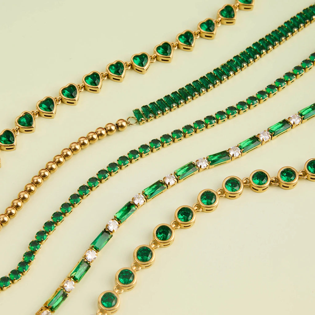 2025 Women's Fashion Trend Green Zircon Tennis Chain Bracelet 18K Gold-plated Stainless Steel All-match Jewelry for Daily Party