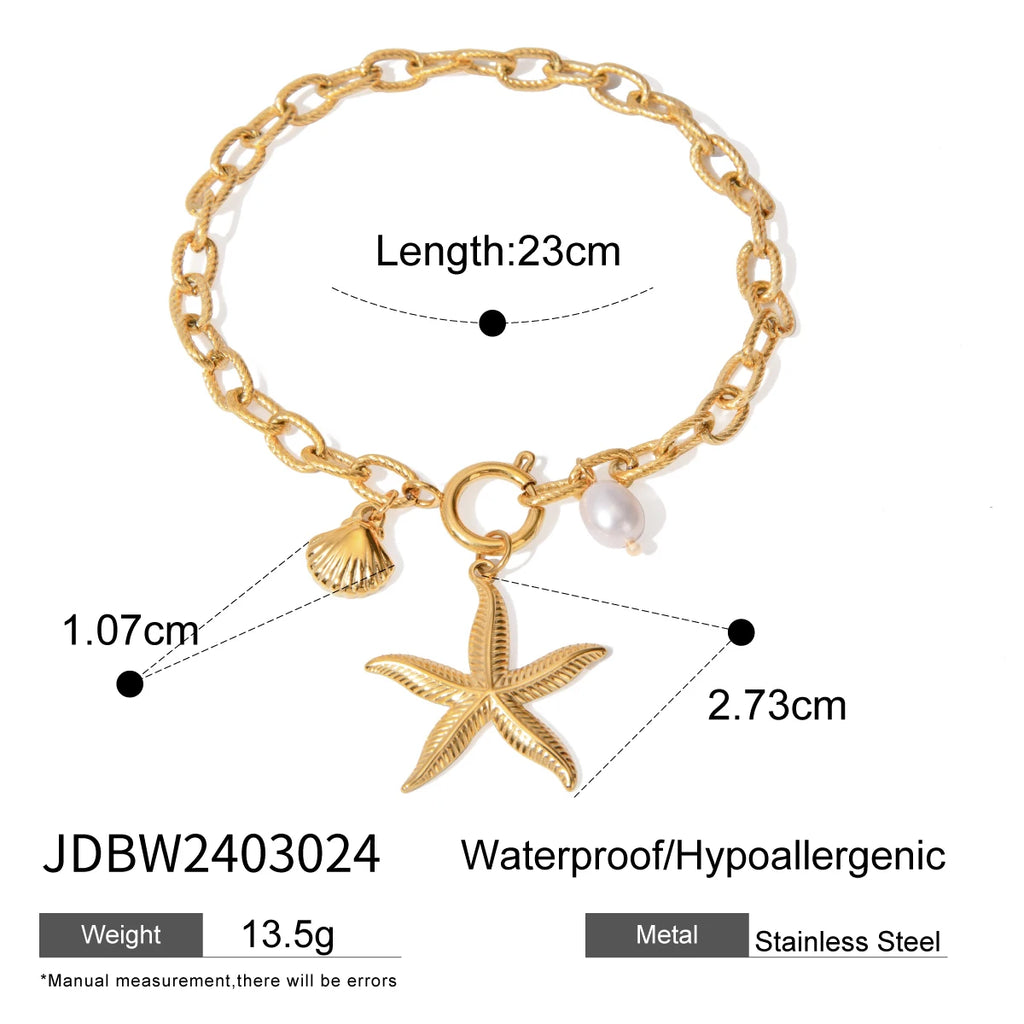 2025 Women's Trendy Holiday Style Conch Pendant Bracelet 18K Gold-plated Stainless Steel Chain Waterproof Jewelry for Vacation