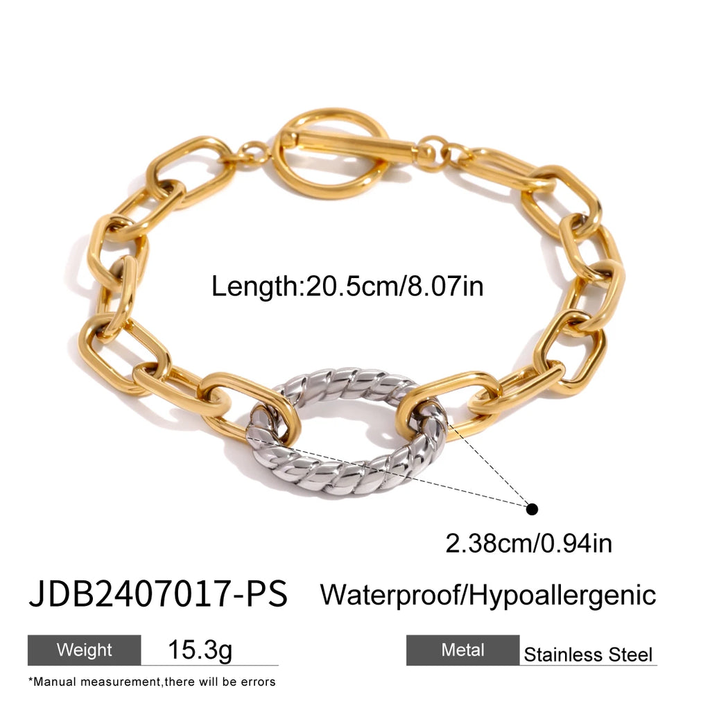 18K Gold Stainless Steel Gold and Silver Matching Color Oval Twisted Pendant Interlocking Oval Two-Tone Bracelet