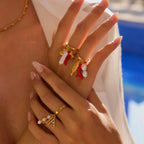 2025 Fashion Personality Girl's Pearl Heart Letter Multi-pendant Open Ring 18K Gold-plated Stainless Steel Waterproof Jewelry