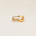 2025 Women's Daily Fashion Paperclip Design Closed Ring 18K Gold Plated Stainless Steel Pearl Rhinestone Decoration Jewelry