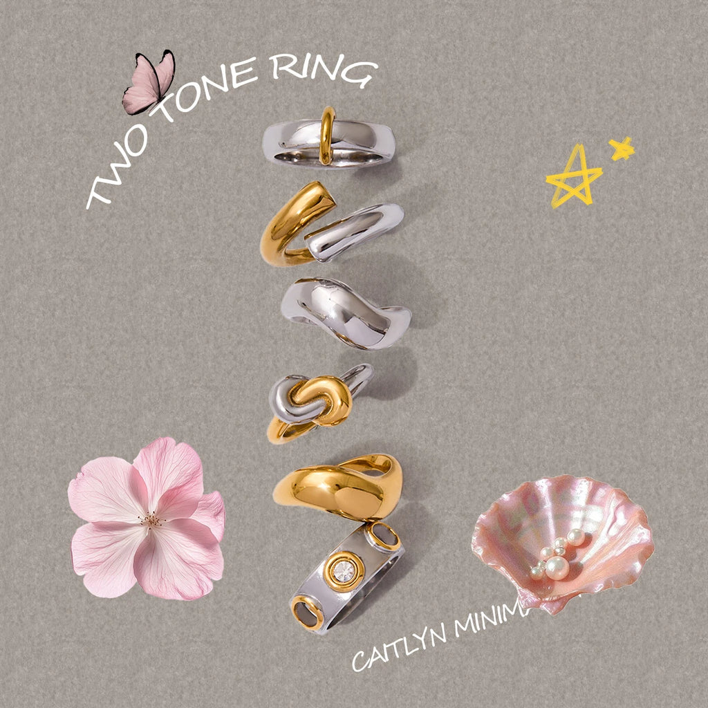 2025 Fashionable Versatile Women's Stainless Steel Ring 18K Gold-plated Two-tone Simple Daily Waterproof Jewelry