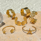 2025 Women's Holiday Style Ribbed Starfish Shell Design Open Bracelet 18K Gold Plated Stainless Steel Waterproof Jewelry