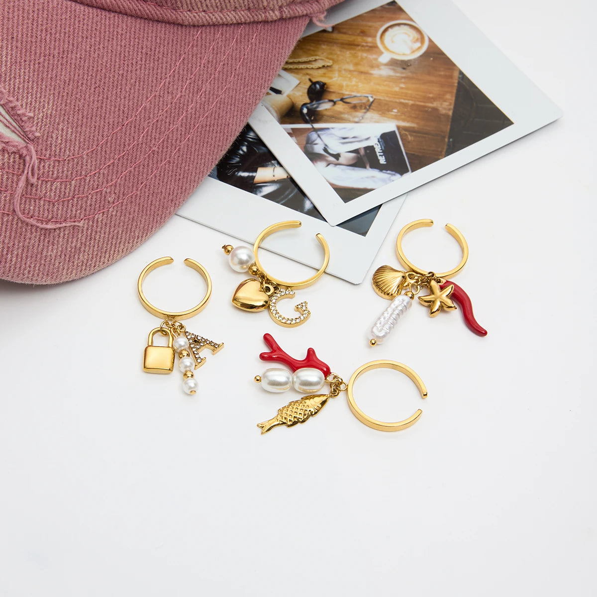 2025 Fashion Personality Girl's Pearl Heart Letter Multi-pendant Open Ring 18K Gold-plated Stainless Steel Waterproof Jewelry