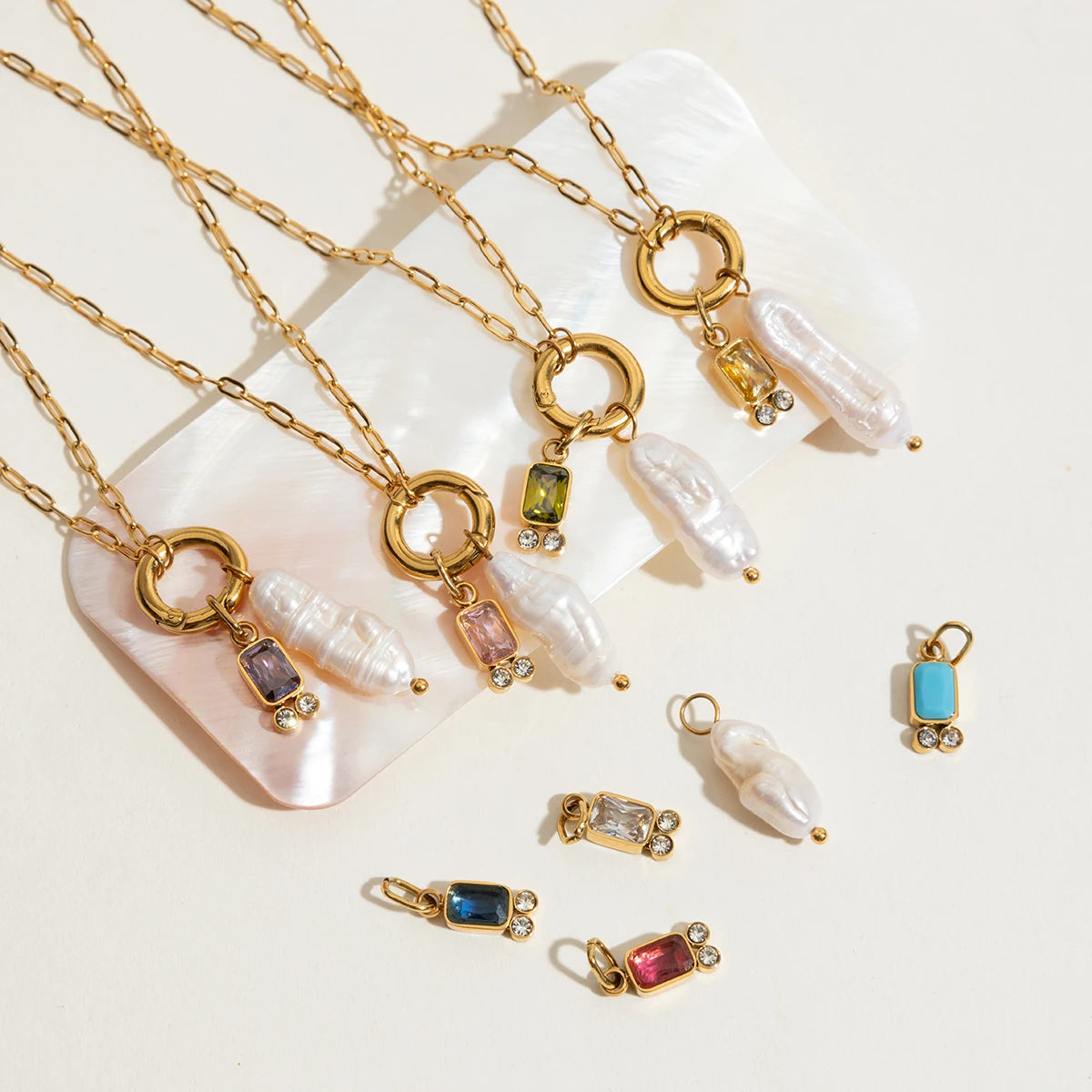 2025 Women's Simple DIY Freshwater Pearl Colored Zircon Pendant Necklace Birthstone 18K Gold-plated Stainless Steel Jewelry