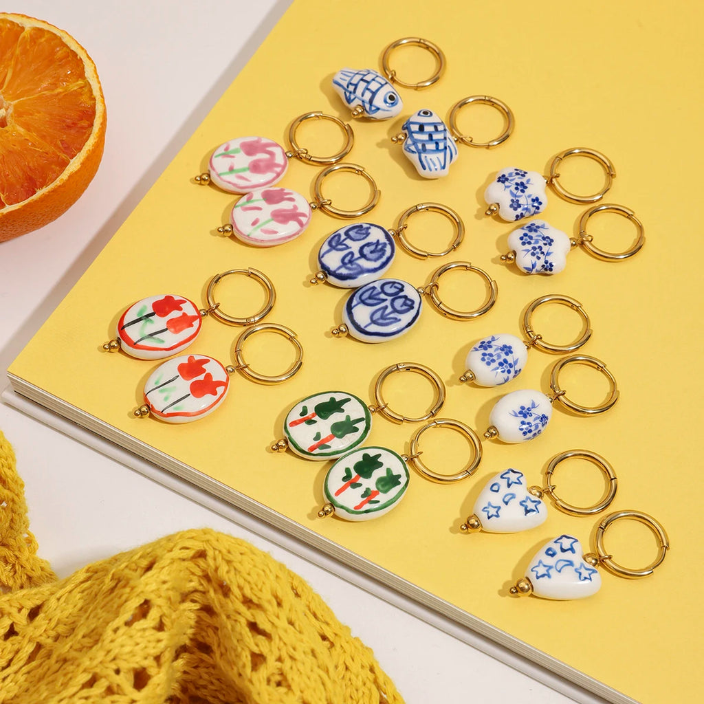 2025 Women's Cute Colorful Ceramic Flower Pendant Earrings 18K Gold-plated Stainless Steel Ear Buckles Waterproof Daily Jewelry