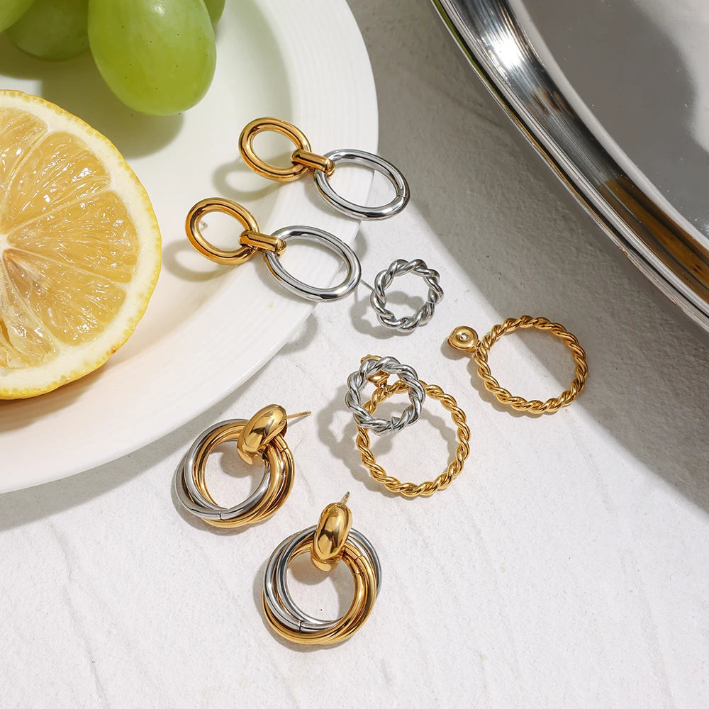 2025 Daily All-match Women's Color Matching Geometric Hoop Earrings 18K Gold-plated Stainless Steel Trendy Waterproof Jewelry