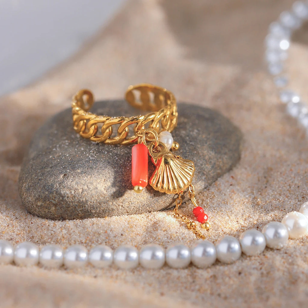 2025 Boho Adjustable Tassel Ring Gold Plated Stainless Steel Chain Coral Pearl Shell Charm Beach Vacation Jewelry