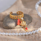 2025 Boho Adjustable Tassel Ring Gold Plated Stainless Steel Chain Coral Pearl Shell Charm Beach Vacation Jewelry
