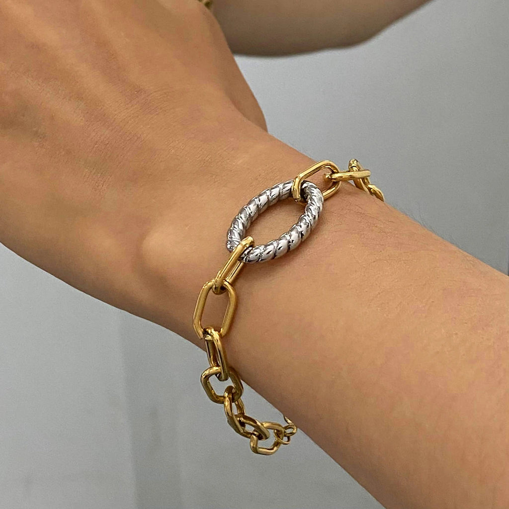 18K Gold Stainless Steel Gold and Silver Matching Color Oval Twisted Pendant Interlocking Oval Two-Tone Bracelet