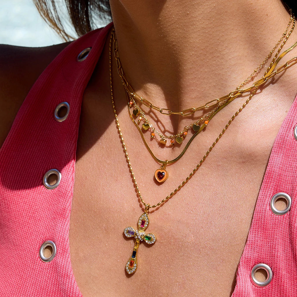 2025 Sweet Women's Colorful Crystal Multi-pendant Necklace 18K Gold-plated Stainless Steel Heart Star Pendant Waterproof Jewelry