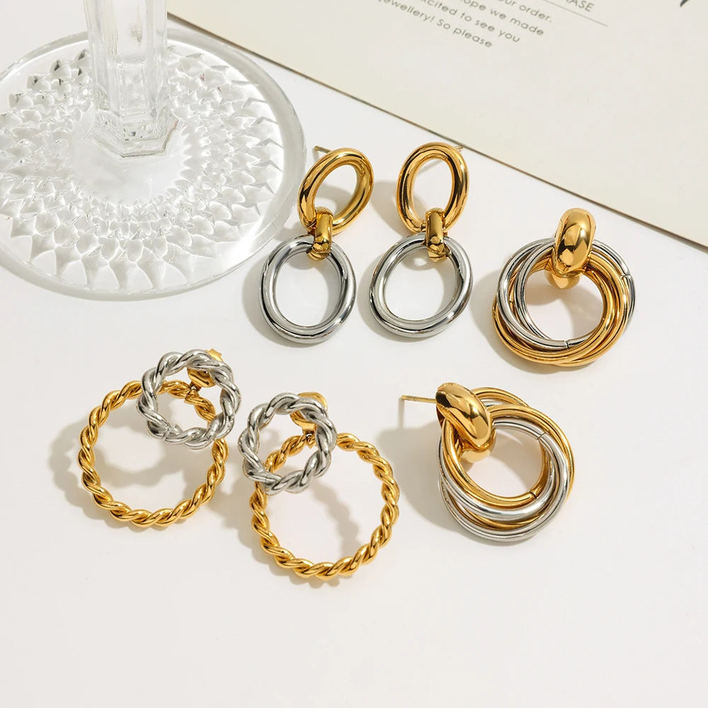 2025 Daily All-match Women's Color Matching Geometric Hoop Earrings 18K Gold-plated Stainless Steel Trendy Waterproof Jewelry