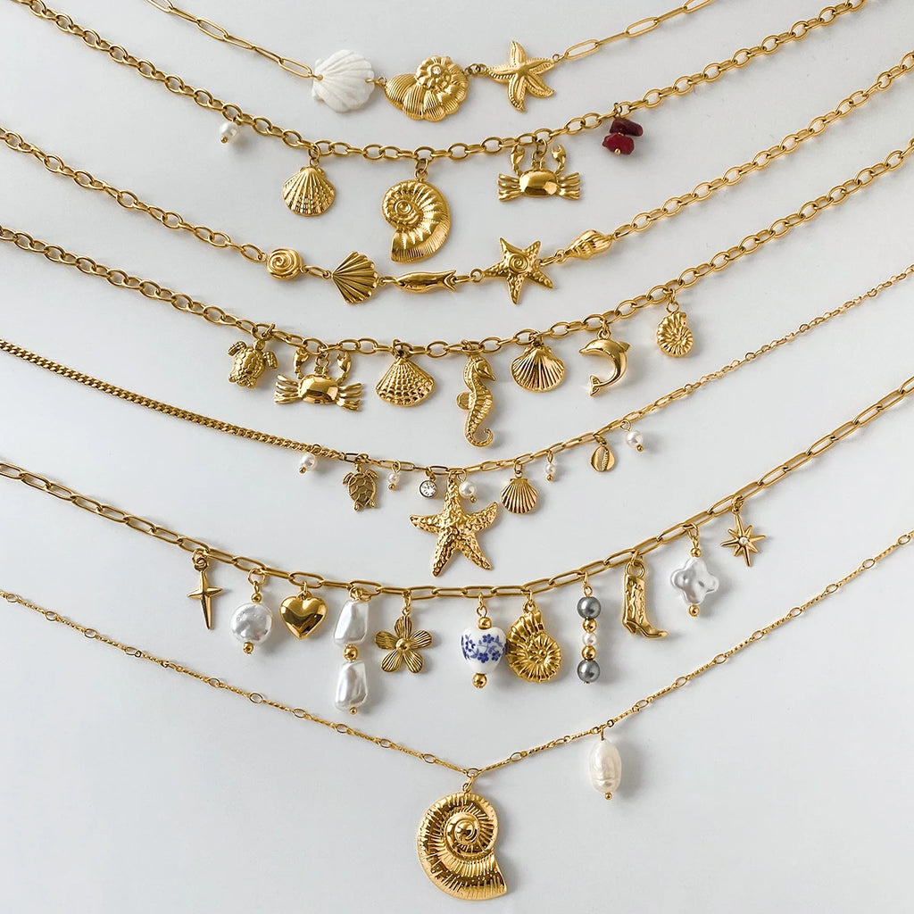 2025 Bohemian Style Multi-pendant Marine Element Shell Necklace 18K Gold-plated Stainless Steel Trend Jewelry can be Stacked