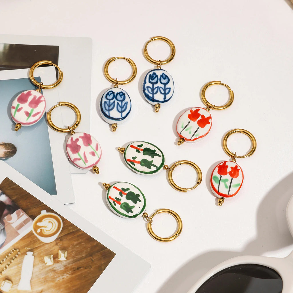 2025 Women's Cute Colorful Ceramic Flower Pendant Earrings 18K Gold-plated Stainless Steel Ear Buckles Waterproof Daily Jewelry