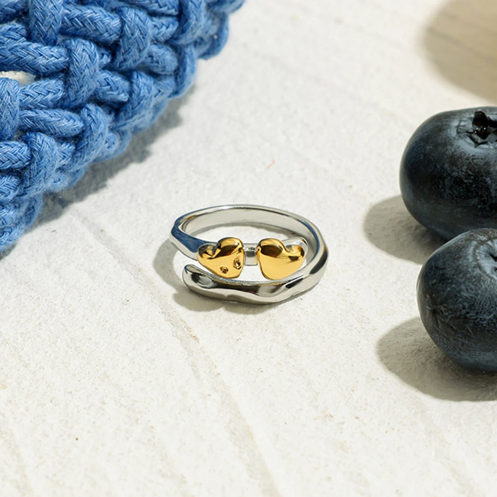 2025 Women's Minimalist Line Heart Open Ring 18K Gold-plated Stainless Steel Two-tone Waterproof Jewelry for Daily Vacation