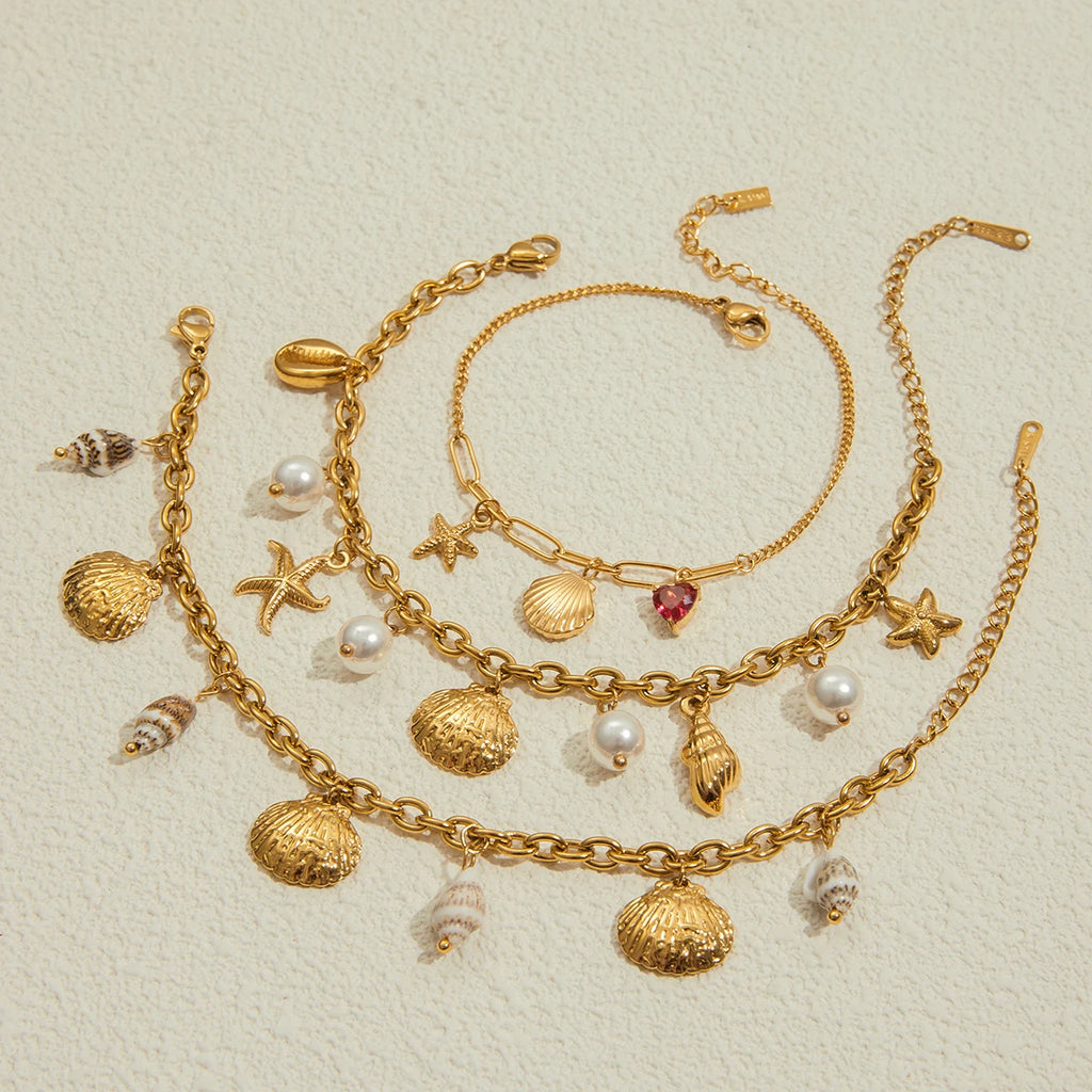 2025 Women's Trendy Holiday Style Conch Pendant Bracelet 18K Gold-plated Stainless Steel Chain Waterproof Jewelry for Vacation