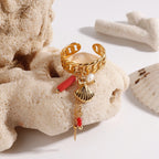 2025 Boho Adjustable Tassel Ring Gold Plated Stainless Steel Chain Coral Pearl Shell Charm Beach Vacation Jewelry