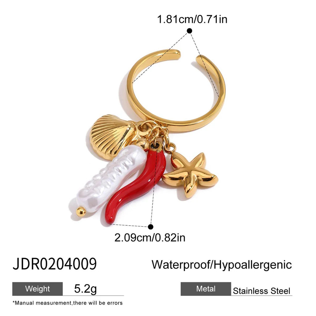 2025 Fashion Personality Girl's Pearl Heart Letter Multi-pendant Open Ring 18K Gold-plated Stainless Steel Waterproof Jewelry